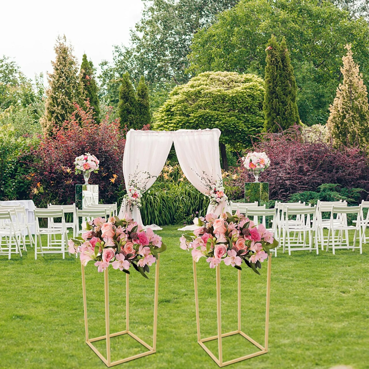 2pcs Square Gold Column Stand Wedding Party Venue Decorative Rack Metal Holder